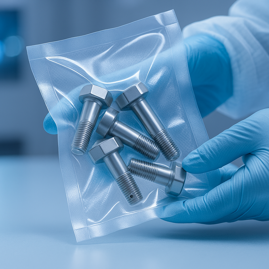 UltraVac vented fasteners in cleanroom packaging with blue gloves