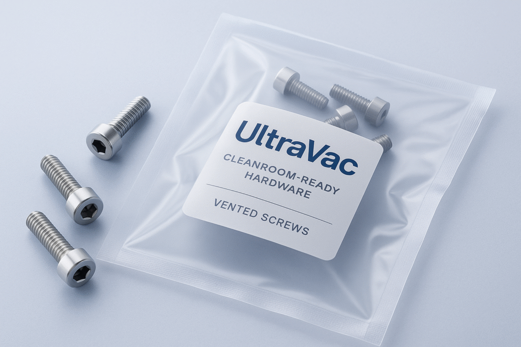 UltraVac vented fasteners packaged in double vacuum-sealed cleanroom bags.