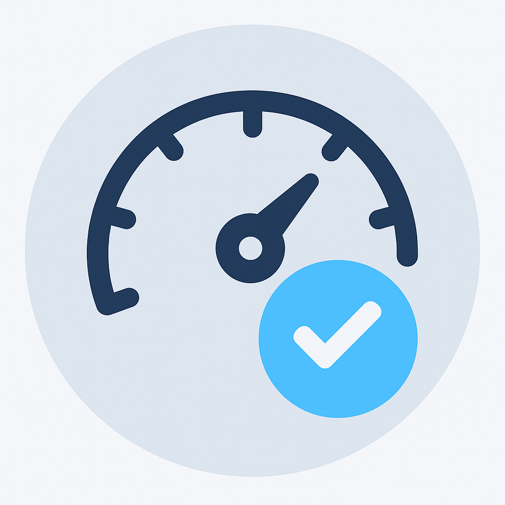 Speedometer icon with check mark representing performance and support.