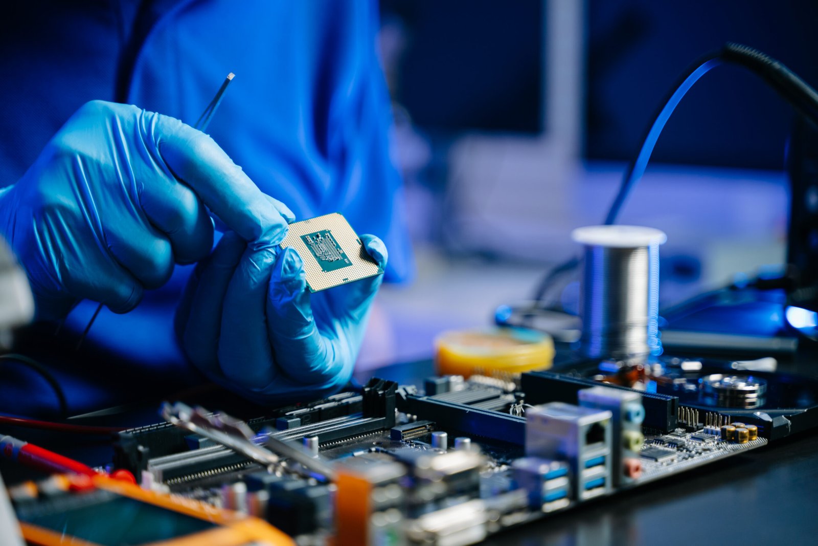 Technician wearing gloves installs CPU onto a motherboard in a clean environment.